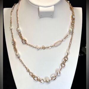 Laundry By Shelli Segal Gold Crystal and Pearl Necklace 48 inch